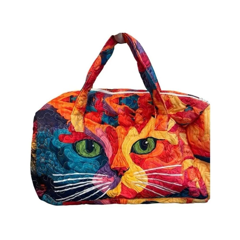Extra Large Quilted Travel Duffel Bag Colorful Kitty Cat Kitten Overnight Purse